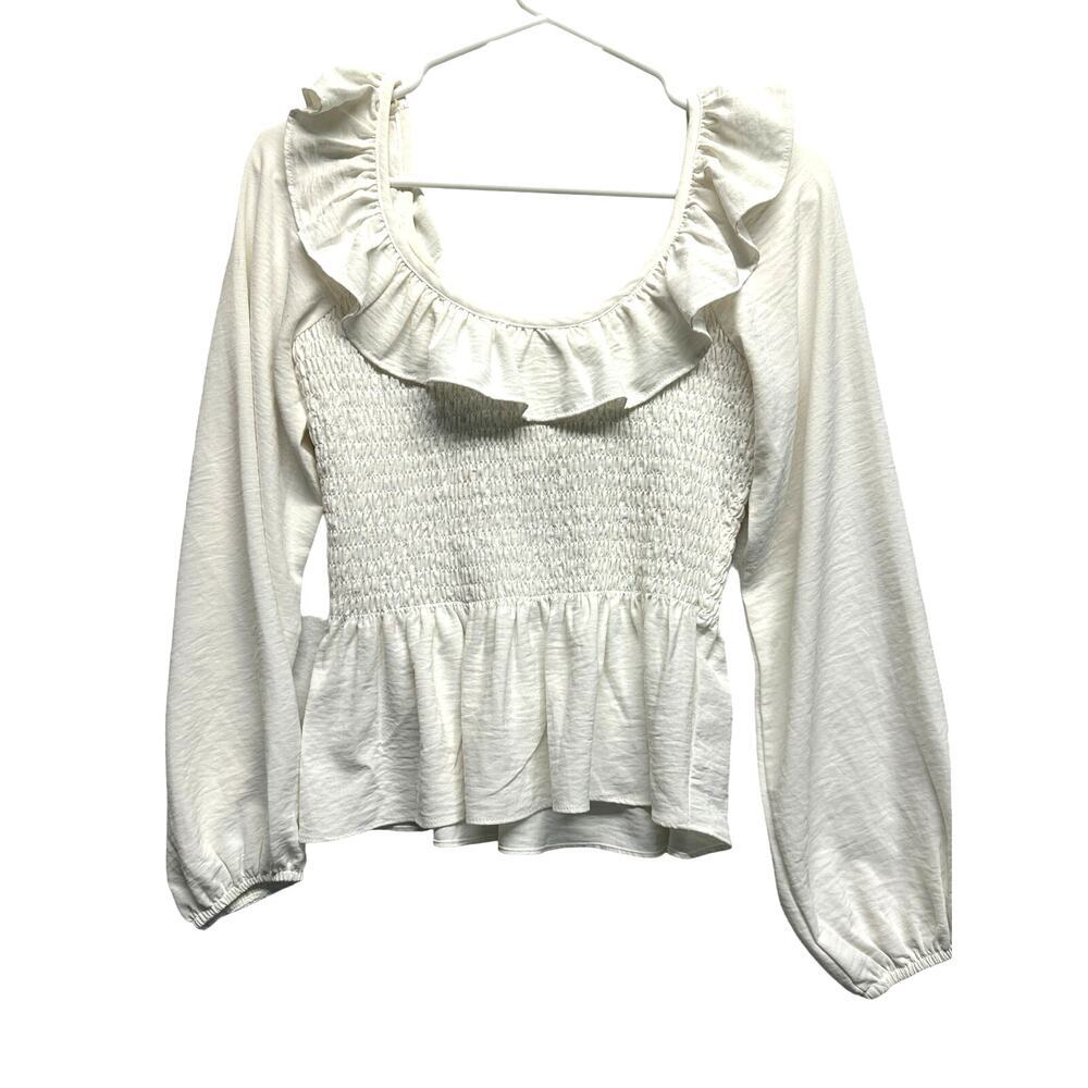 Altar'd State Blouse Cream Ruffled Shirred Long‎ Sleeve Size S - Picture 2 of 9